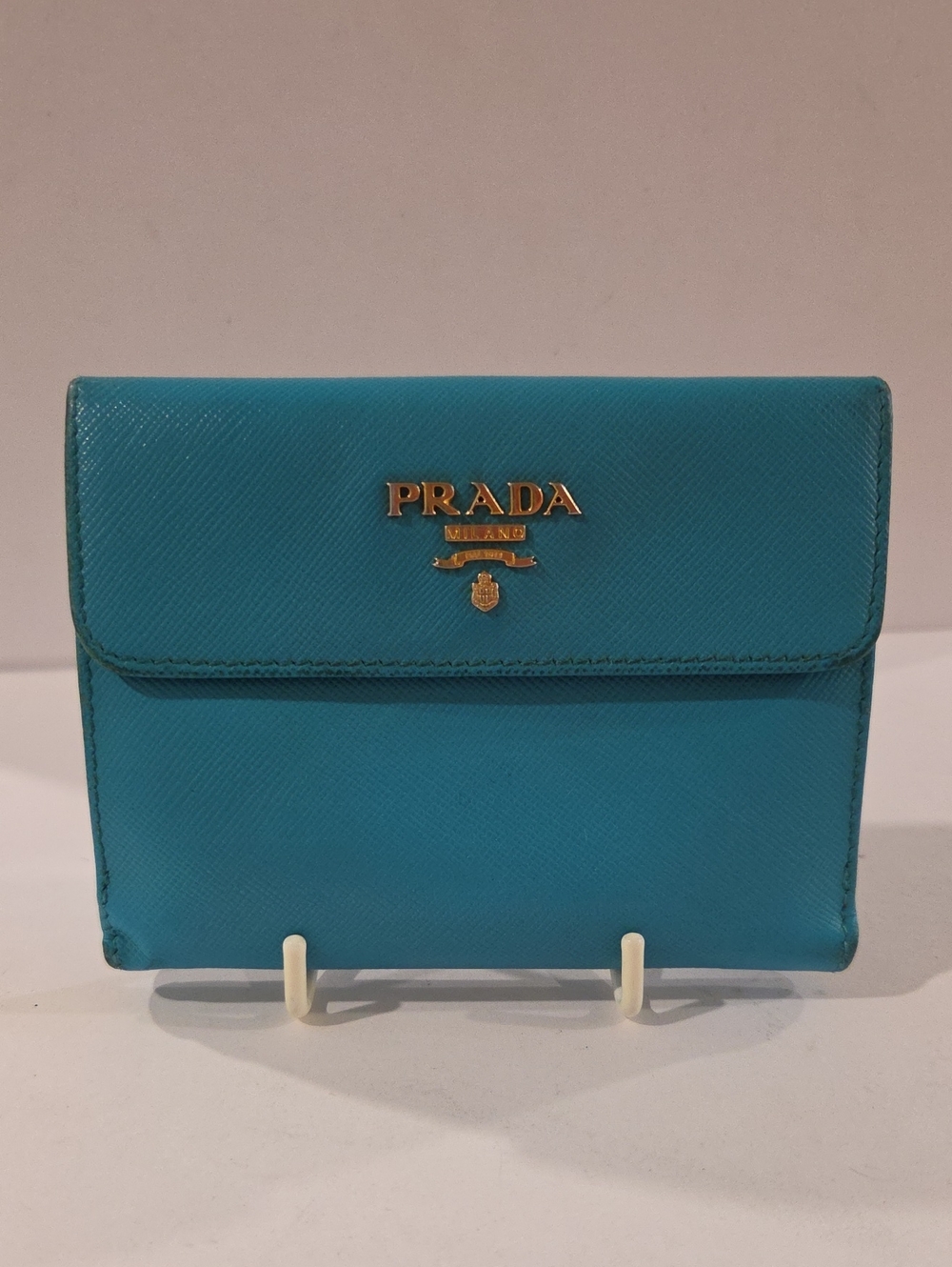Prada Turquoise Saffiano Leather Wallet with Gold Logo